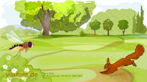 Grüner Park mit Blühstrauch, Schebfliege und Eichhörnchen